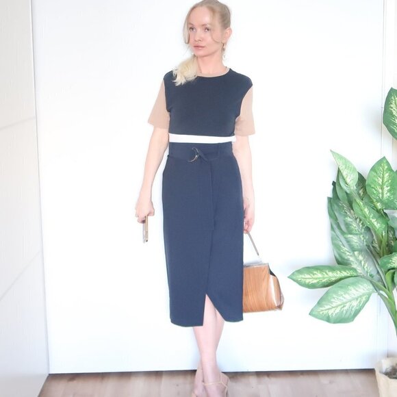 Zarina Smart Navy Blue False Wrap Midi Career Pencil Skirt With Belt S - Picture 13 of 16